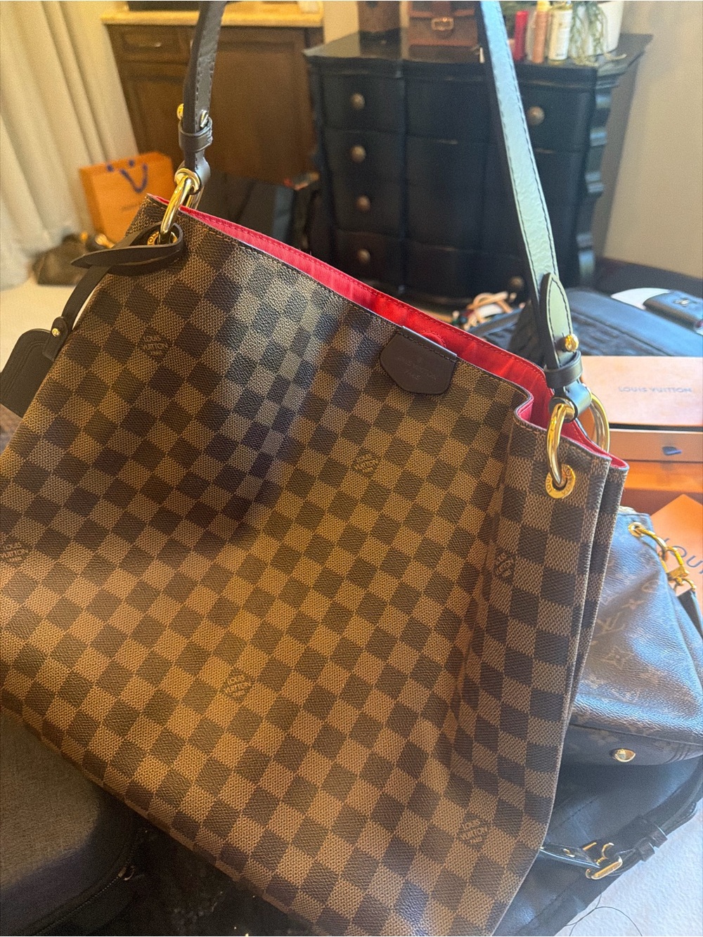 Louis Vuitton Brown Damier Shoulder Bag with Red Interior Trim